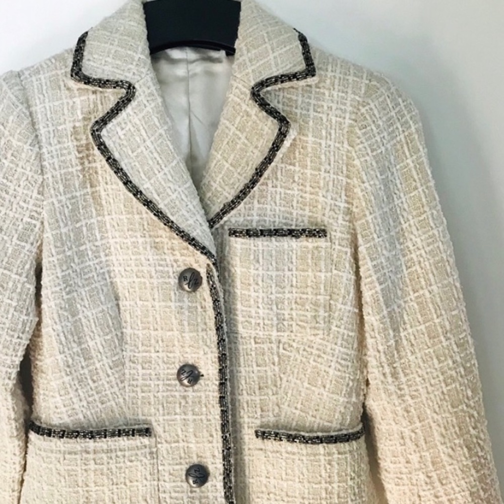 Rachel Zoe Notch Collar Beaded Trim Boucle Jacket